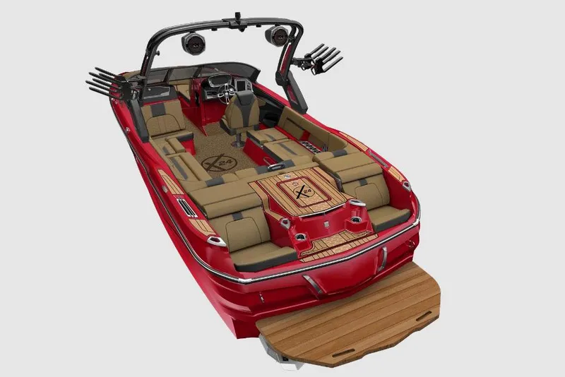 Slide: The Image of Manufacturer Provided Image: 2023 MasterCraft X24 boat, red exterior, luxurious tan interior, advanced wakeboard tower. - 33