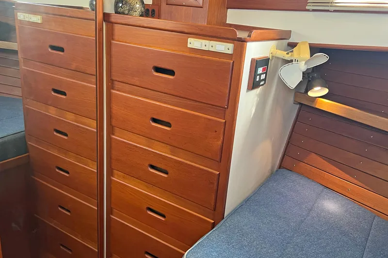 Slide: The Image of Wooden interior of 1991 Grand Banks 42 Motoryacht with drawers and reading light. - 16