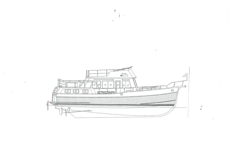 Slide: The Image of Line drawing of a 1991 Grand Banks 42 Motoryacht, side profile view. - 2