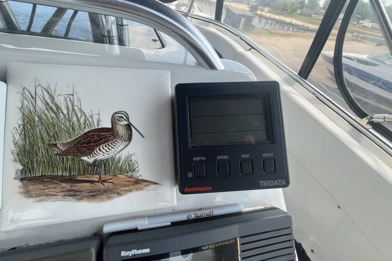 Slide: The Image of Control panel on 1996 Mainship 40 Sedan Bridge with bird illustration. - 14