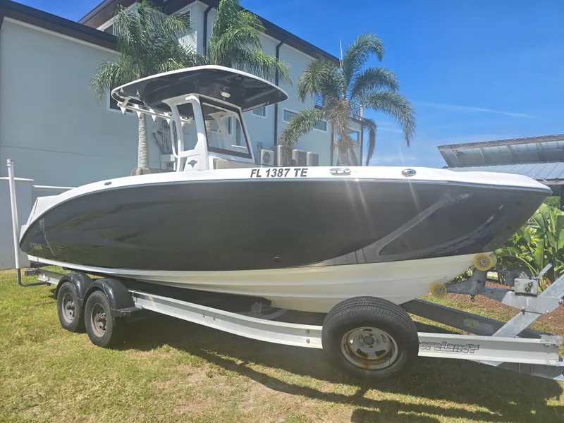 Slide: The Image of Yamaha 255 FSH Sport E 2022 on trailer, tropical background. - 1