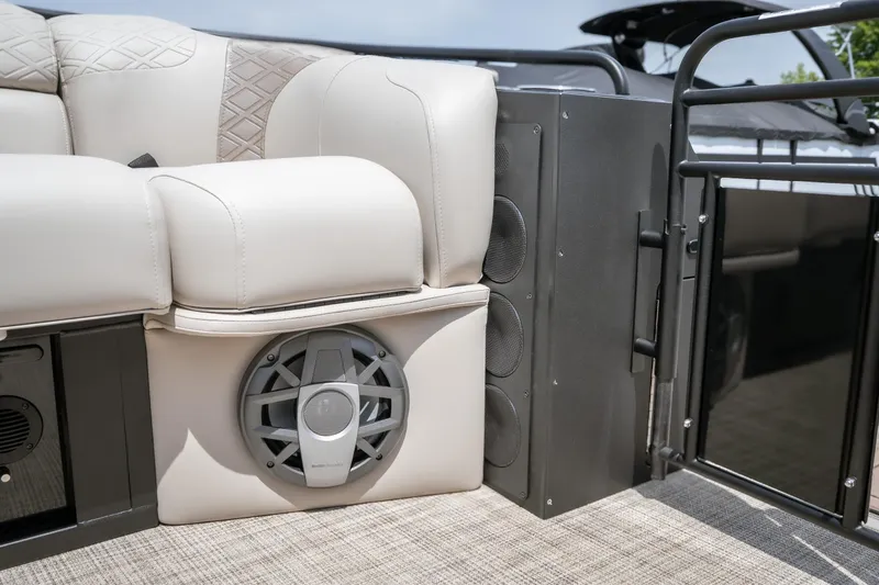 Slide: The Image of Luxurious seating and speaker system on 2026 JC Sporttoon 26TT pontoon boat. - 25