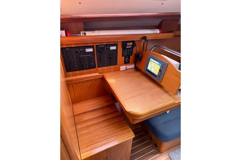 Slide: The Image of Navigation station on a 2007 Hunter 38 sailboat with control panels and GPS display. - 19