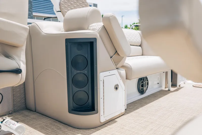 Slide: The Image of Luxury seating and speaker system on 2026 JC Sporttoon 26TT boat. - 23