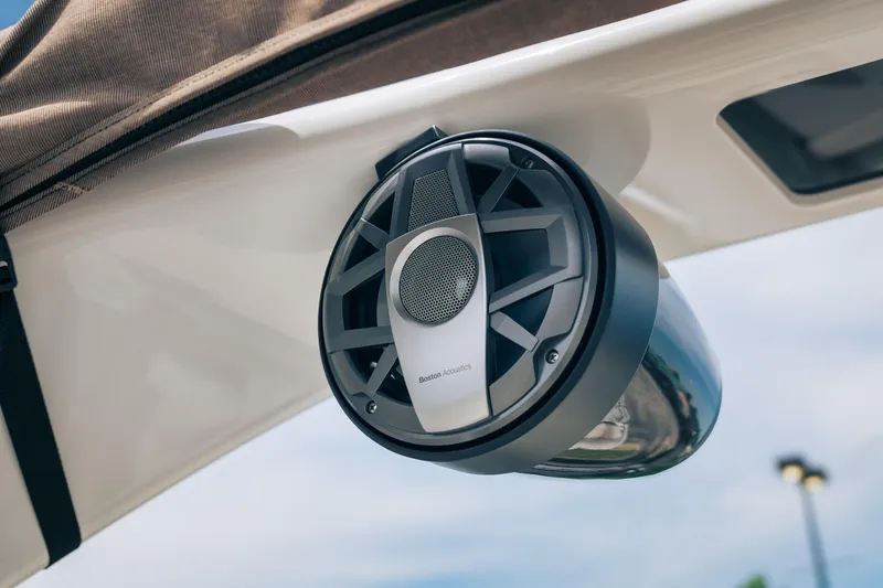 Slide: The Image of Outdoor speaker on JC Sporttoon 26TT boat, 2026 model, featuring Boston Acoustics audio system. - 24