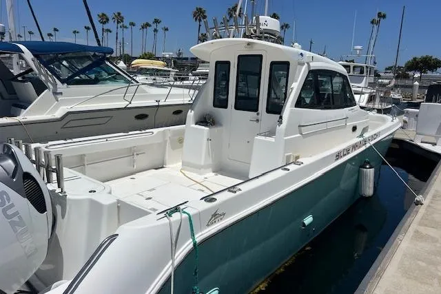 Slide: The Image of 2024 Bluewhale 3600 WA boat docked at marina, featuring spacious deck and Suzuki engine. - 25