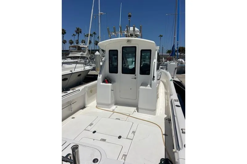 Slide: The Image of 2024 Bluewhale 3600 WA boat docked at marina under clear blue sky. - 34