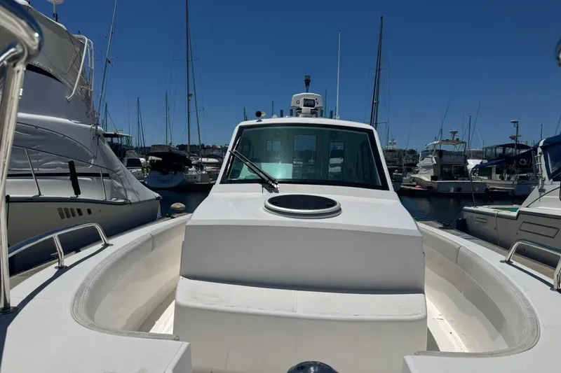 Slide: The Image of 2024 Bluewhale 3600 WA boat docked at marina, surrounded by other vessels. - 7