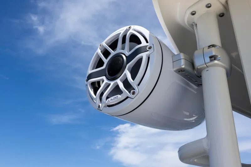 Slide: The Image of Close-up of a JL Audio marine speaker on a 2014 Boston Whaler 315 Conquest boat. - 4