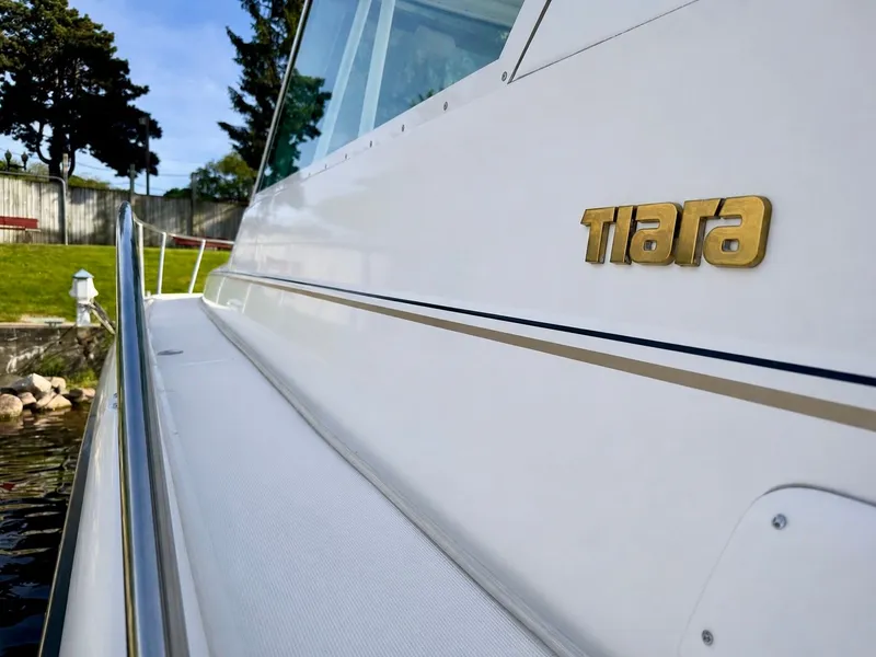 Slide: The Image of Close-up of 1999 Tiara Yachts 4100 Open at dock. - 30