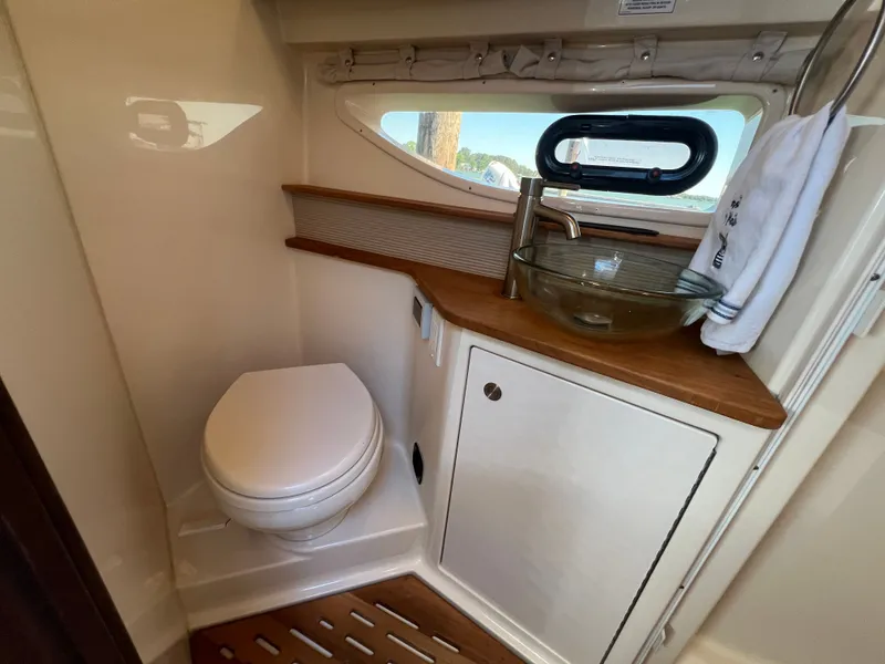 Slide: The Image of Interior of 2018 Sea Ray Sundancer 350 Coupe with toilet and sink. - 37
