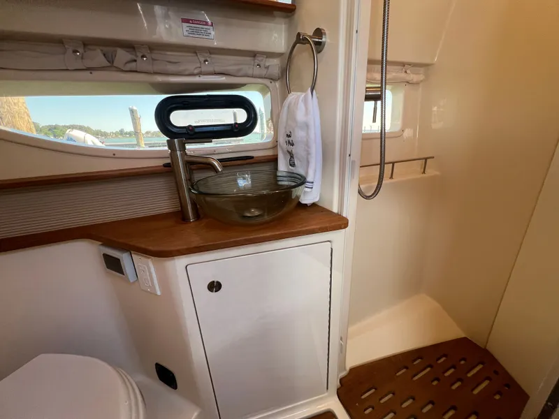 Slide: The Image of Interior of 2018 Sea Ray Sundancer 350 Coupe with sink and shower. - 38