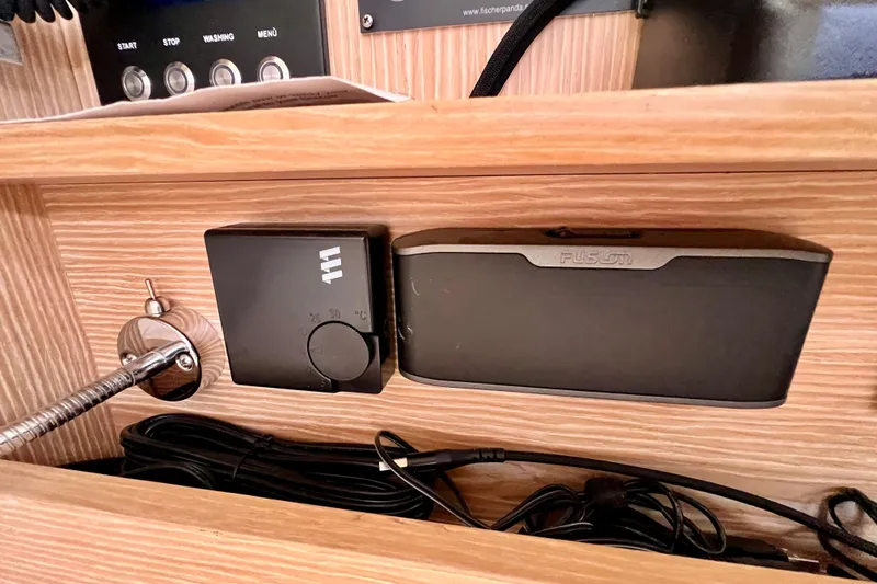 Slide: The Image of Control panel and devices inside a 2016 Hanse 455 yacht cabin. - 115