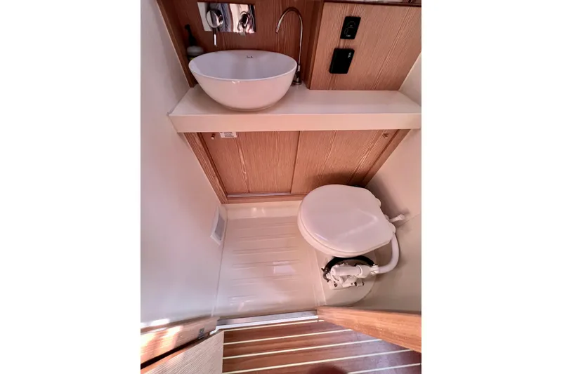Slide: The Image of Modern bathroom in 2016 Hanse 455 yacht with sink and toilet. - 162