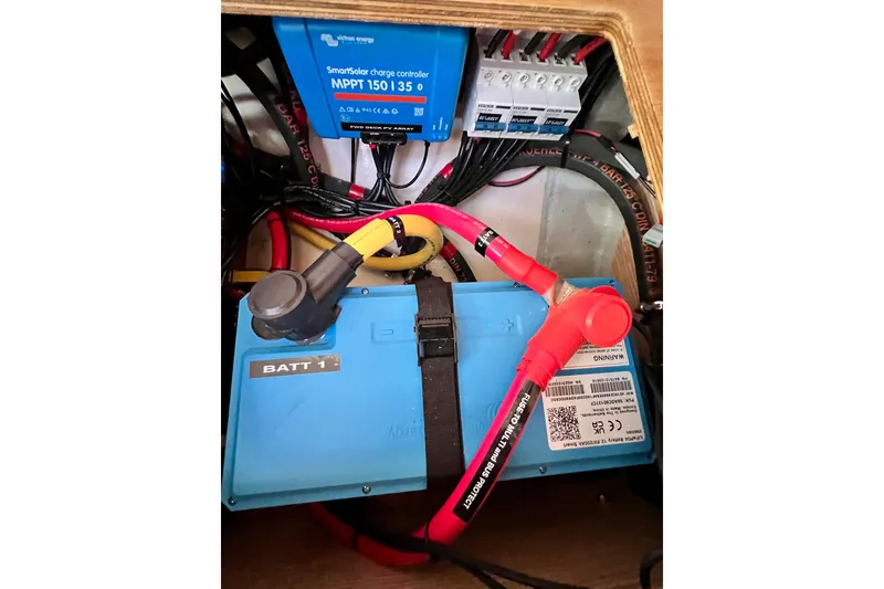 Slide: The Image of Battery setup with SmartSolar charge controller in 2016 Hanse 455 yacht. - 198