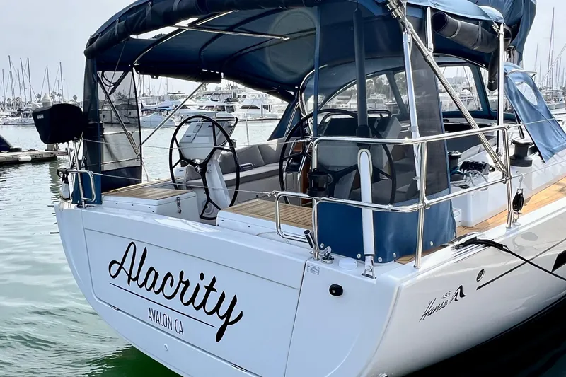 Slide: The Image of Sailing yacht Hanse 455, 2016 model, docked at marina with "Alacrity" name. - 7