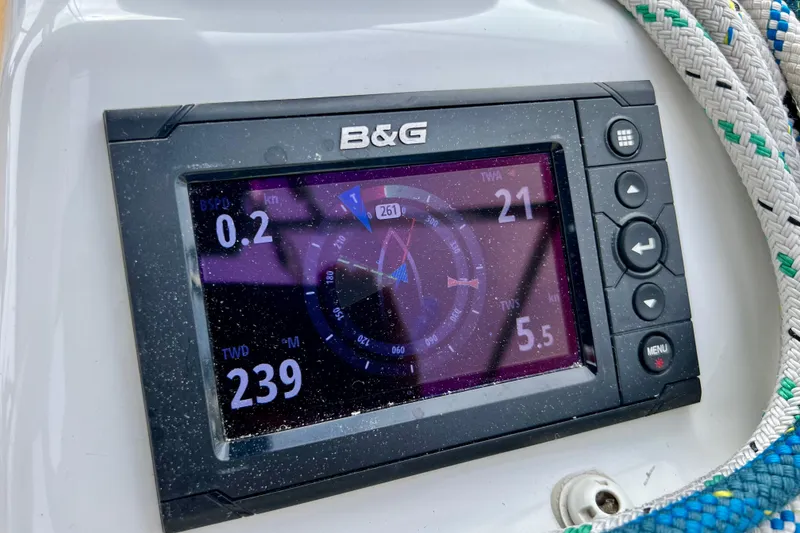 Slide: The Image of B&G navigation display on 2016 Hanse 455 yacht, showing speed and wind data. - 73