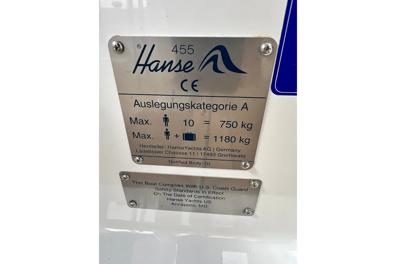Slide: The Image of Plaque on 2016 Hanse 455 yacht detailing weight limits and safety compliance. - 75