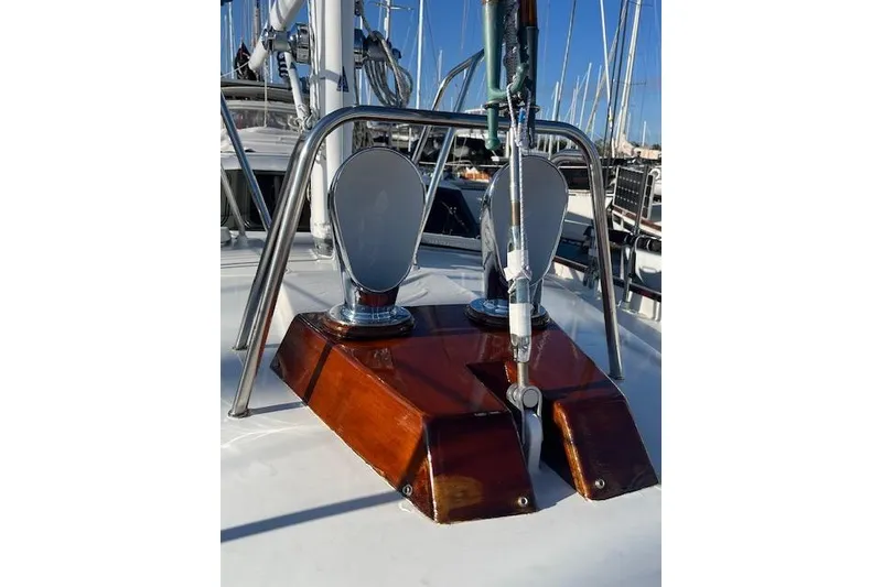 Slide: The Image of Deck of 1994 Hutting 40' yacht with polished wood and metal fittings. - 12