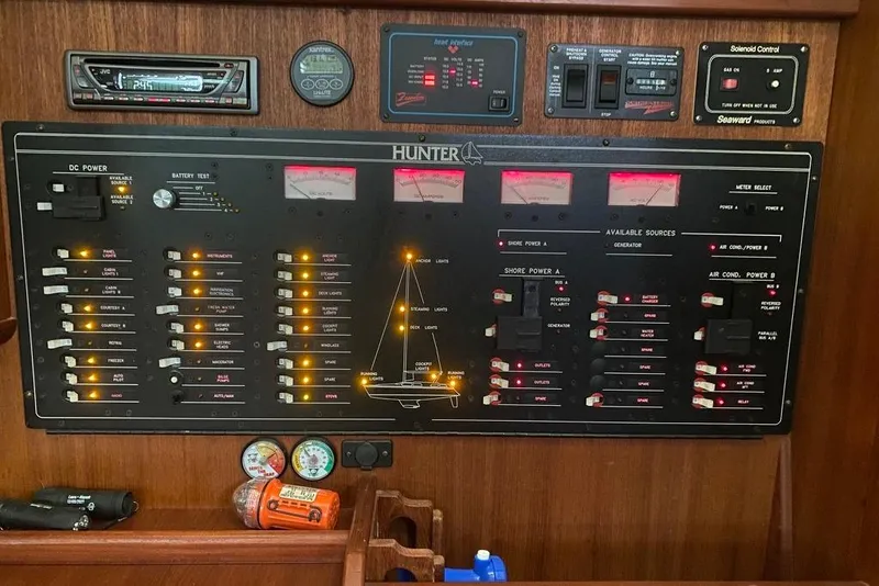 Slide: The Image of Electrical control panel of a 1996 Hunter Legend 40.5 sailboat with various switches and gauges. - 31