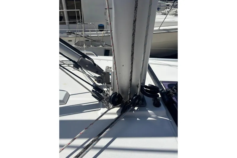 Slide: The Image of Close-up of rigging on a 2017 Beneteau Oceanis 38 sailboat deck. - 57