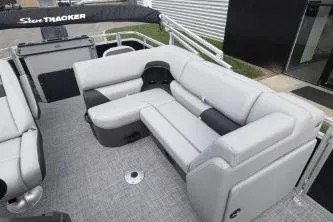 Slide: The Image of 2026 Sun Tracker SportFish 20 DLX pontoon boat with spacious seating and modern design. - 5