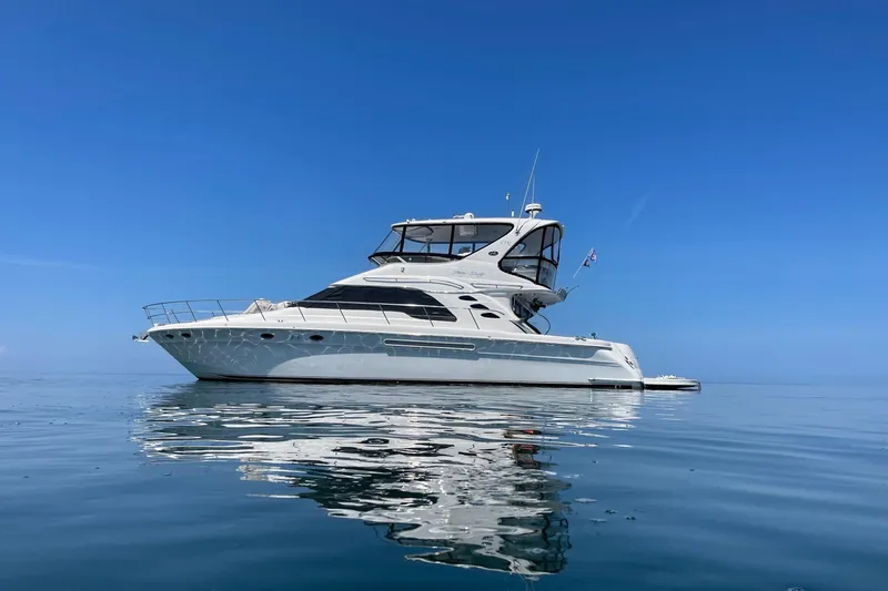 The Image of 2002 Sea Ray 560 Sedan Bridge yacht on calm blue water under clear sky. - 15