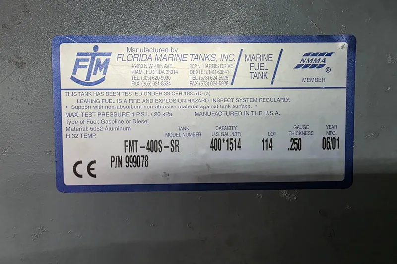Slide: The Image of Label on a marine fuel tank by Florida Marine Tanks, Inc., for a 2002 Sea Ray 560 Sedan Bridge. - 172