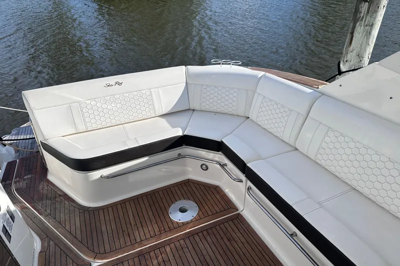 Slide: The Image of Manufacturer Provided Image: 2020 Sea Ray Sundancer 320 Coupe interior with elegant seating and table. - 36