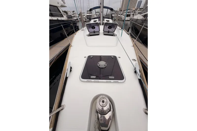 Slide: The Image of 2014 Jeanneau Sun Odyssey 50 DS yacht deck, featuring sleek design and modern fittings. - 21