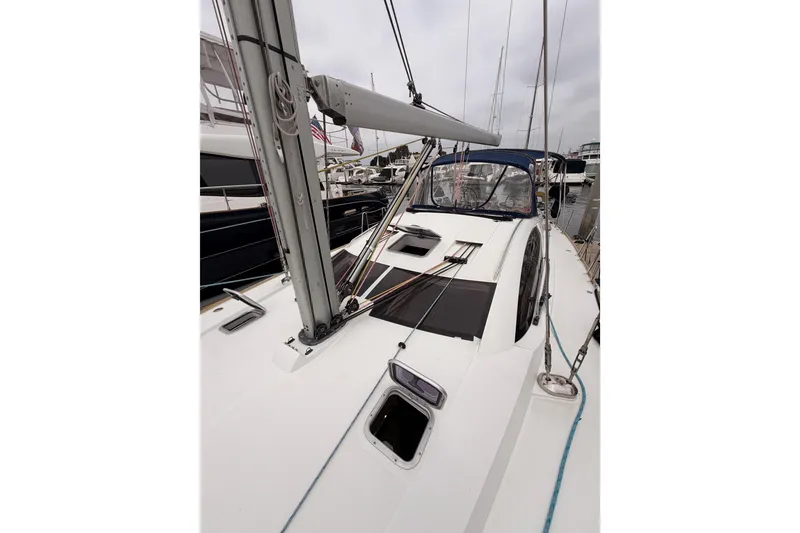 Slide: The Image of 2014 Jeanneau Sun Odyssey 50 DS sailboat deck with rigging and cockpit view. - 22