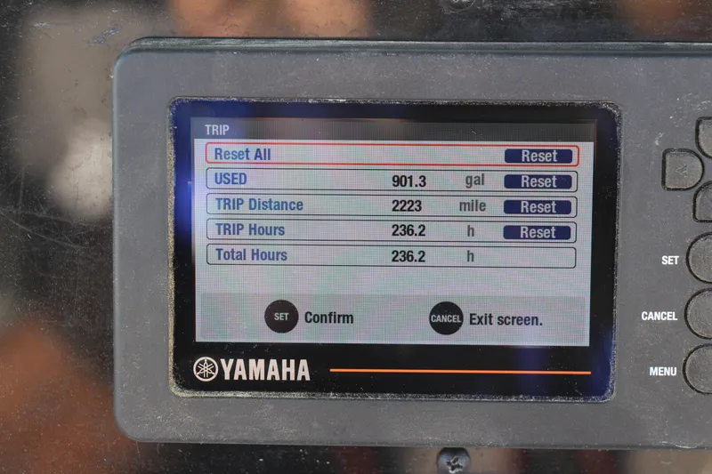 Slide: The Image of Yamaha trip monitor displaying fuel usage, distance, and hours for Pioneer 222 Islander 2022. - 10