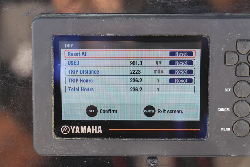Slide: The Image of Yamaha trip display showing fuel usage, distance, and hours for 2022 Pioneer 222 Islander. - 9