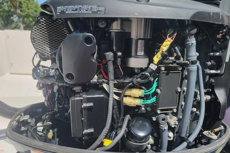 Slide: The Image of Close-up of a 2016 Robalo R227 Dual Console boat engine components. - 8