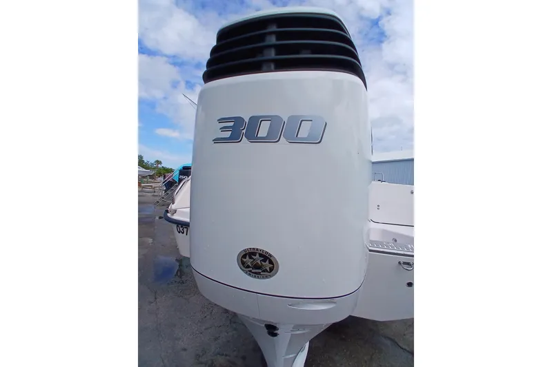 Slide: The Image of Outboard motor on a 1996 Grady-White Advance 247 boat, featuring a 300 horsepower engine. - 34