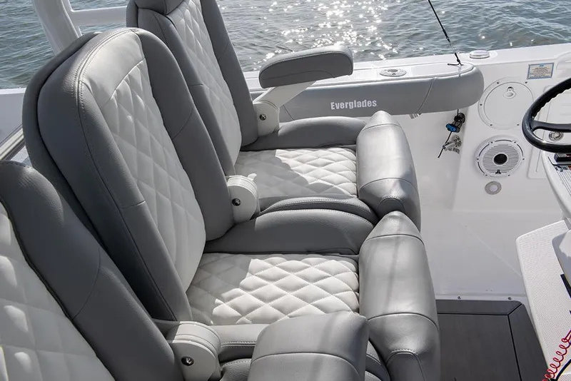 Slide: The Image of Manufacturer Provided Image: 2022 Everglades 365 Center Console boat with luxurious seating and diamond-stitched upholstery. - 23
