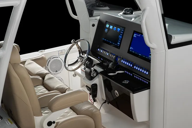 Slide: The Image of Manufacturer Provided Image: 2022 Everglades 365 Center Console helm with dual displays and leather seats. - 31