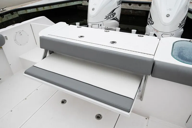 Slide: The Image of Manufacturer Provided Image: 2022 Everglades 365 Center Console boat with fold-down bench seat and twin outboard engines. - 34