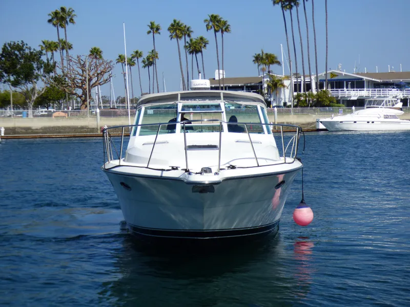 Slide: The Image of A 1989 Tiara Yachts 3300 Open on the water, surrounded by palm trees and a marina. - 1