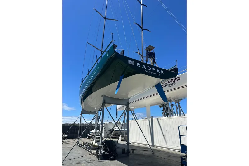 Slide: The Image of Sailboat "Badpak" Botin 56, 2018 model, on dry dock in San Diego, clear sky. - 10
