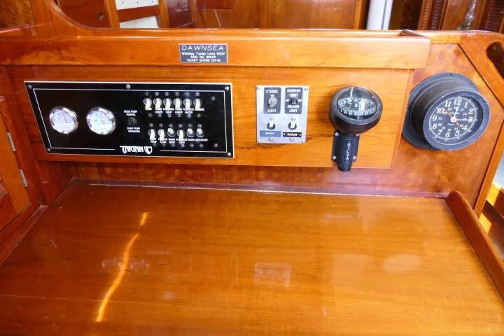 Slide: The Image of Control panel of a 1978 Tartan 37 sailboat with gauges and switches. - 22