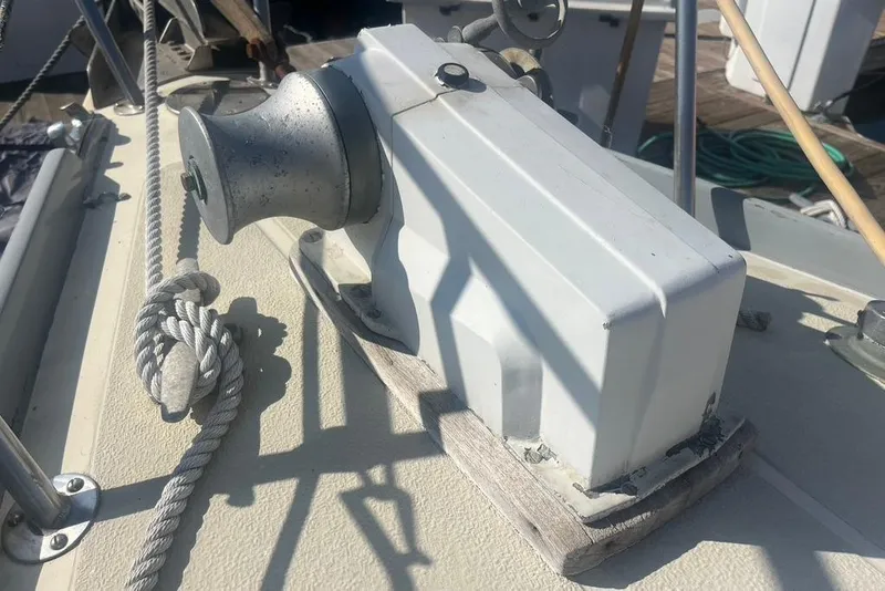 Slide: The Image of Close-up of a 1971 Santana 37 sailboat winch and rope on deck. - 6