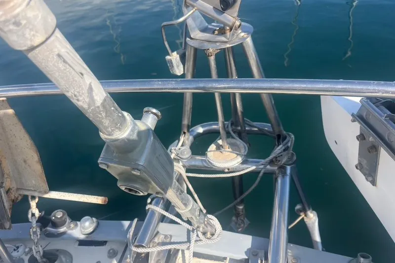 Slide: The Image of Close-up of a 1971 Santana 37 sailboat's bow with rigging and hardware. - 9