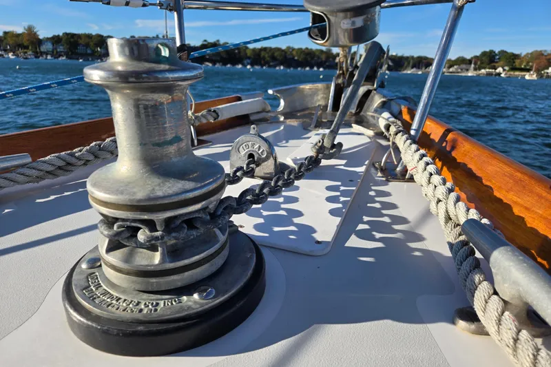 Slide: The Image of Deck view of a 1970 Hinckley Bermuda 40 sailboat with winch and ropes. - 29