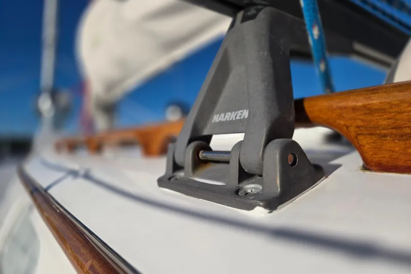 Slide: The Image of Close-up of a 1970 Hinckley Bermuda 40 sailboat deck with Harken hardware. - 47