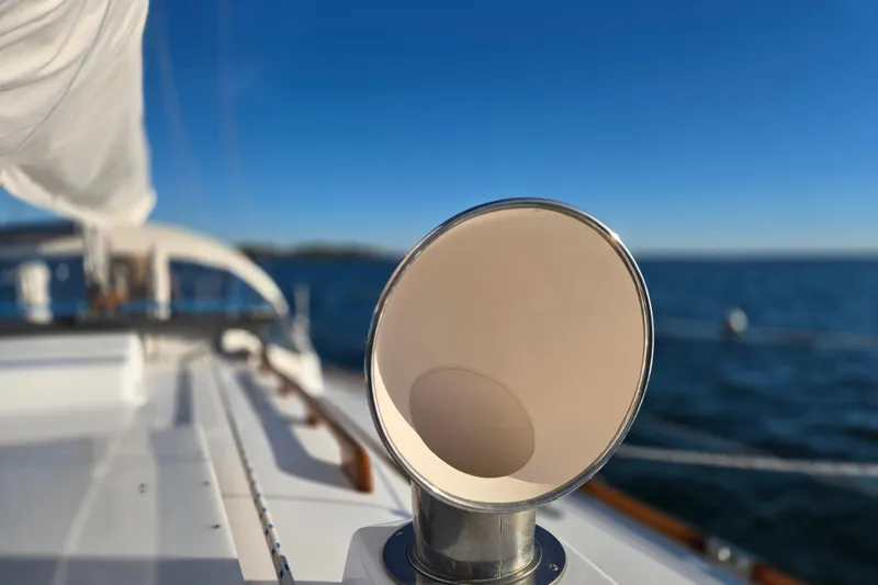 Slide: The Image of Hinckley Bermuda 40 sailboat deck with ocean view, 1970 model. - 55