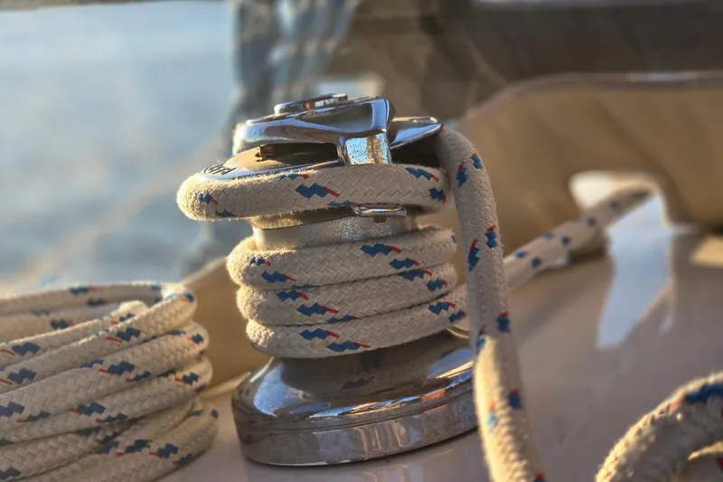 Slide: The Image of Close-up of winch and rope on 1970 Hinckley Bermuda 40 sailboat deck. - 99