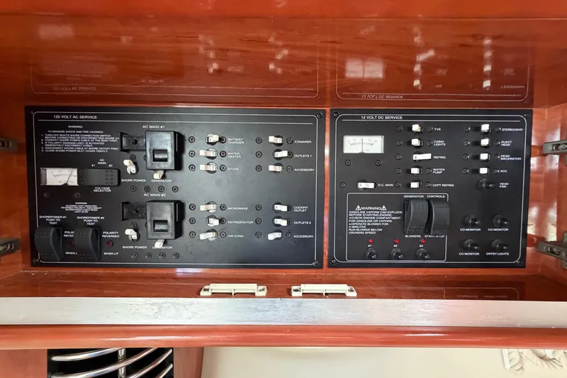 Slide: The Image of Electrical control panel of a 2007 Monterey 350 Sport Yacht, featuring AC and DC service switches. - 21