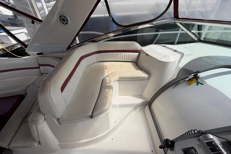 Slide: The Image of 2007 Monterey 350 Sport Yacht interior with white and red seating, modern design. - 47