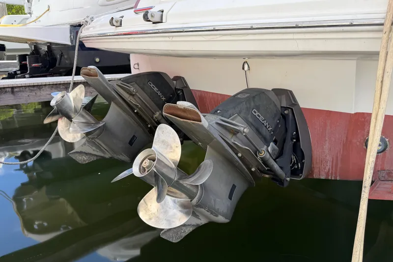 Slide: The Image of 2007 Monterey 350 Sport Yacht with dual OceanX outdrives in marina. - 5